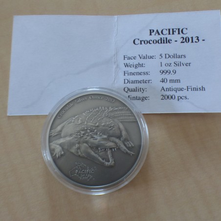 Tokelau 5$ Crocodile 2013 antique finish 1 oz silver 99.9%+CoA
