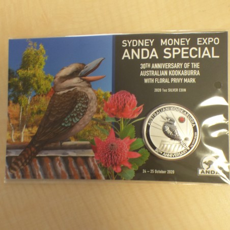 Australie 1$ Kookaburra 2020 ANDA Expo privy Waratah argent 99.9% 1 oz+Blister
