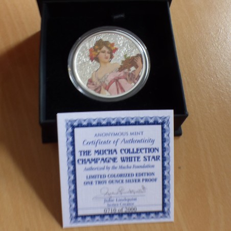US Round Mucha Collection White Star 1oz colored silver 99.9% PROOF