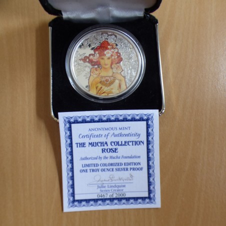 US Round Mucha Collection ROSE 1oz colored silver 99.9% PROOF