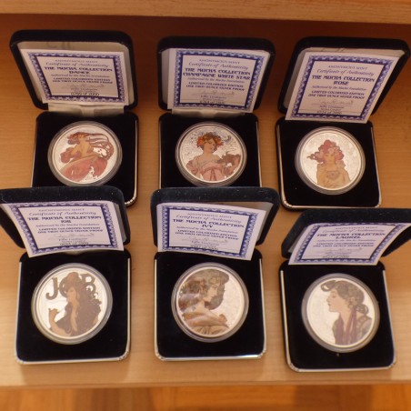 6 * US Round Mucha Collection JOB/ROSE/CHAMPAGNE/IVY/LAUREL/DANCE 1oz silver 99.9% colored