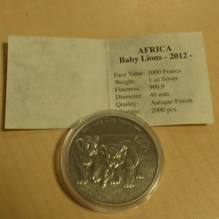 Congo 1000 CFA Baby Lions 2012 antique finish silver 99.9% 1 oz+CoA