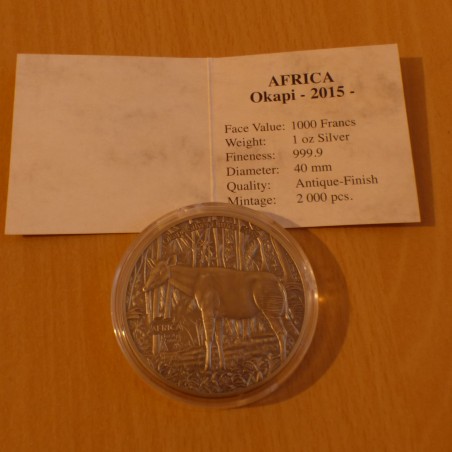 Congo 1000 CFA 2015 Okapi antique finish argent 99.9% 1 oz