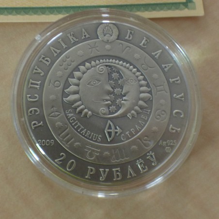 Belarus 20 Rubles 2009 Zodiac Sagittarius antique finish silver 92.5% (28.3 g) with 2 zirconia