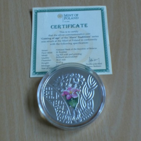 Bielorussie 20 roubles 2010 Traditions Slaves PROOF coloré en argent 92.5% 1 oz+CoA