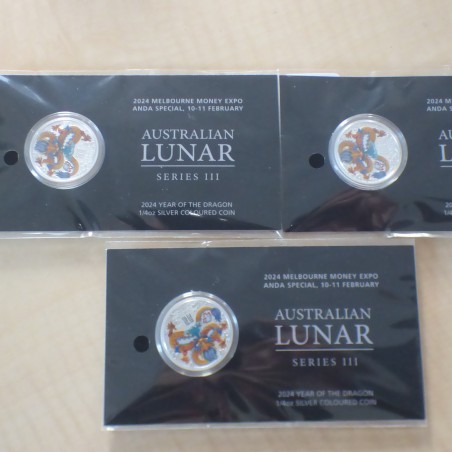Lot de 2 pièces Australie 25 cents Année du Dragon 2024 Melbourne colorées argent 99.9% 1/4 oz