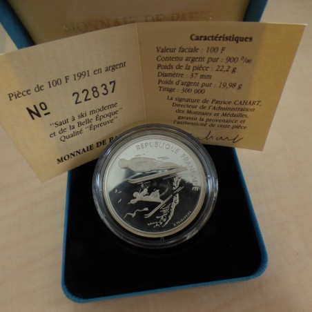 France 100 Francs 1991 JO Albertville PROOF Saut à Ski argent 90% (22.2 g)+Boite+CoA