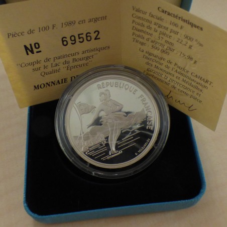 France 100 Francs 1989 JO Albertville PROOF Danse de Couple argent 90% (22.2 g)+Boite+CoA