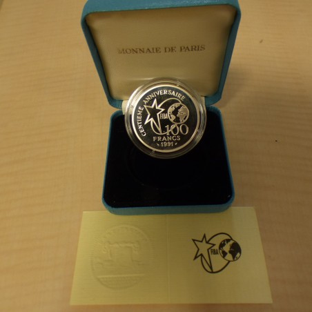 France 100 francs 1991 Basketball Lancer Franc PROOF argent 90% (22.2 g)+Boite+CoA
