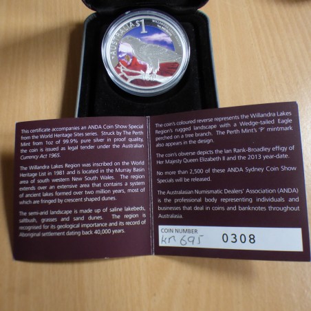 Australie 1$ Wedge Tailed Eagle 2013 Wilandra Lake PROOF coloré argent 99.9% 1 oz (+Boite+CoA)