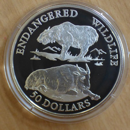 Iles Cook 50$ 1992 Endangered Wildlife Bison Takin PROOF argent 92.5% (19.2 g)