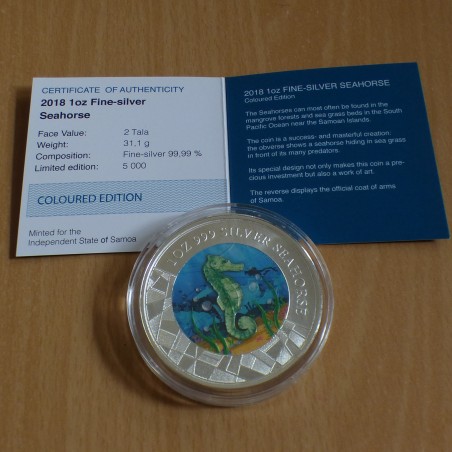 Samoa 2 Tala 2018 Hippocampe colorée en argent 99.9% 1 oz+CoA