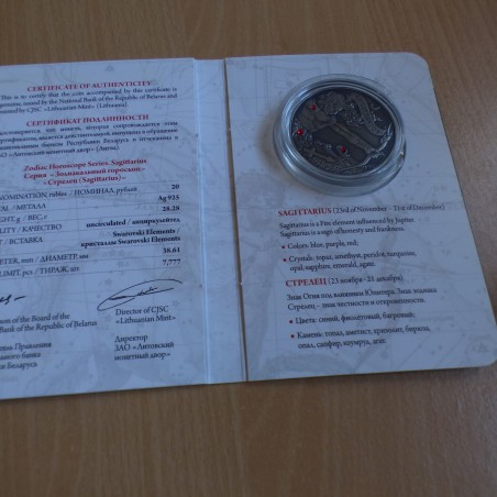 Belarus 20 Rubles 2013 Zodiac Sagittarius antique finish silver 92.5% (28.3 g) with Swarovski crystals