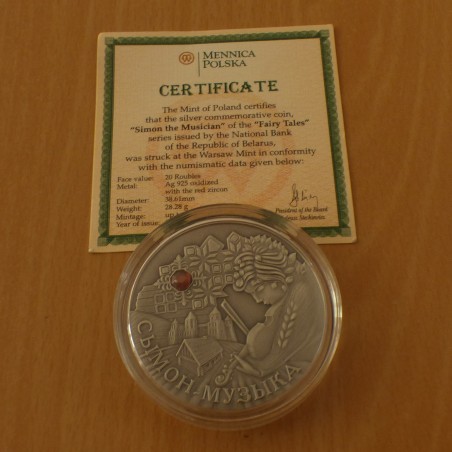 Bielorussie 20 roubles Musicien Simon 2005 antique finish argent 92.5% (28.3 g) avec zircon rouge + CoA