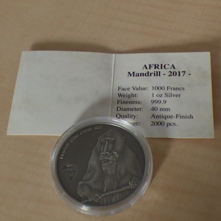 Cameroun 1000 CFA 2017 Mandrill antique finish argent 99.9% 1 oz + CoA