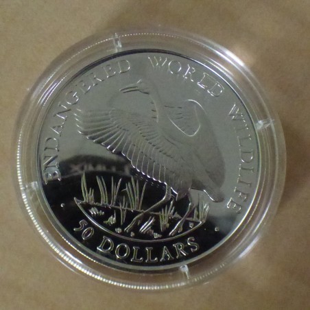 Iles Cook 50$ 1990 Endangered Wildlife Cigogne PROOF argent 92.5% (19.2 g)