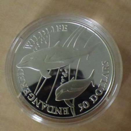 Iles Cook 50$ 1991 Endangered Wilflife Dauphins PROOF argent 92.5% (19.2 g)