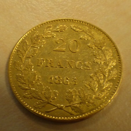 Belgique 20 francs 1865 Leopold I en or 90% (6.45 g) TTB