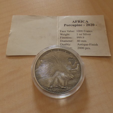 Congo 1000 CFA 2020 Porc épique antique finish argent 99.9% 1 oz