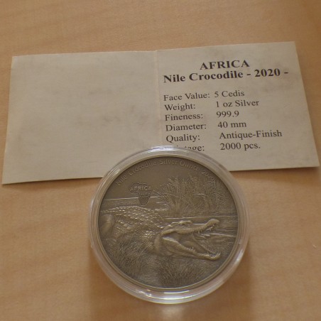 Ghana 5 Cedis 2020 Crocodile du Nil argent 99.9% 1 oz antique +CoA
