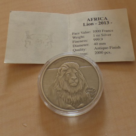 Gabon 1000 CFA Lion 2013 antique finish en argent 99.9% 1 oz + CoA