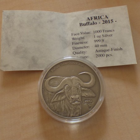Gabon 1000 CFA Buffle 2015 antique finish argent 99.9% 1 oz