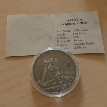 Cameroun 1000 CFA 2018 Leopard antique finish argent 99.9% 1 oz + CoA