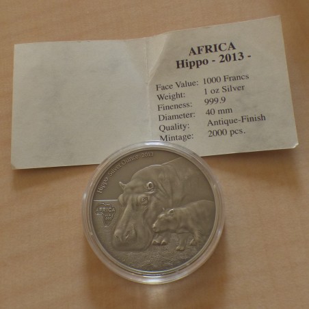 Congo 1000 CFA Hippopotame 2013 antique finish argent 99.9% 1 oz + CoA