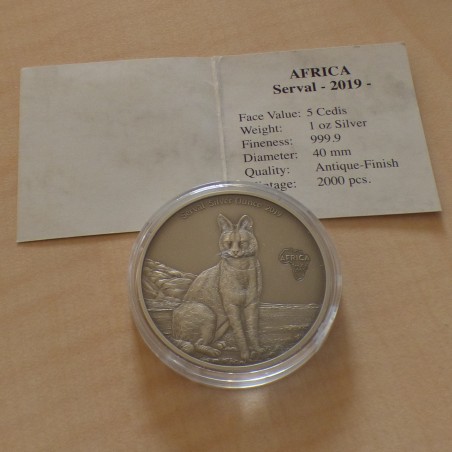 Ghana 5 Cedis 2019 Serval argent 99.9% 1 oz antique +CoA