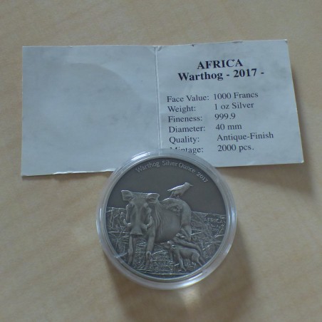 Cameroun 1000 CFA 2017 Phacochère antique finish argent 99.9% 1 oz + CoA