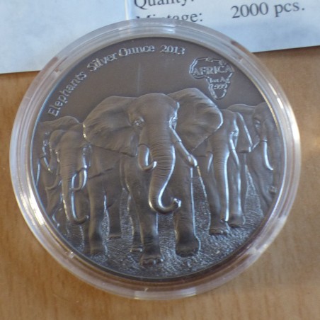 Ghana 5 Cedis 2013 Elephants finition antique argent 99.99% 1 oz + CoA