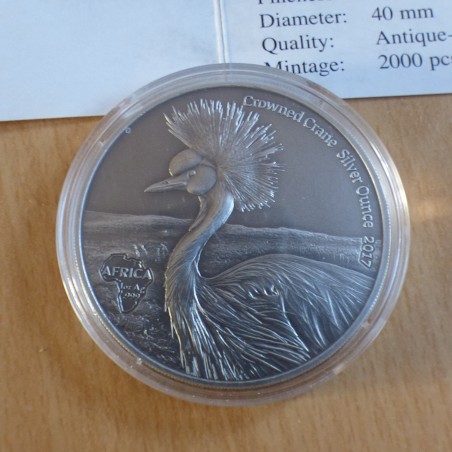 Ghana 5 Cedis 2017 Crowned Crane finition antique argent 99.99% 1 oz + CoA