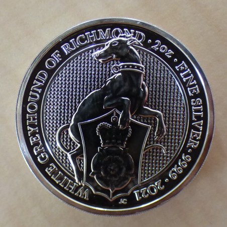 UK 5£ Queen's Beasts Lévrier de Richmond 2021 en argent 99.9% 2 oz