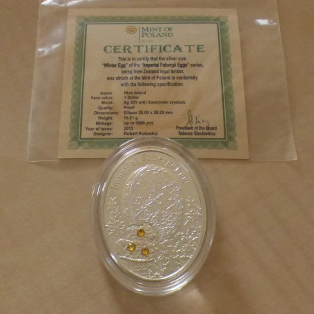 Niue 1$ Œuf Fabergé Hiver 2012 PROOF argent 92.5 % (16.81g) sous capsule + CoA + cristaux Swarovski