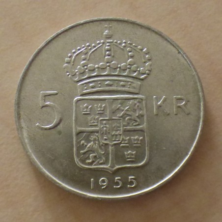 Suède 5 Kronor 1955 Gustav VI Adolf argent 40% (18g) SUP