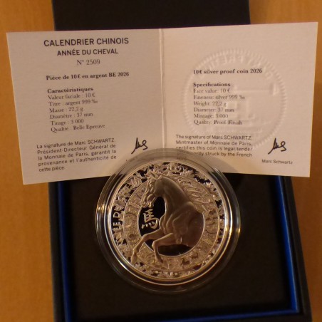 France 10 euros 2026 Lunar année du Cheval PROOF en argent 99.9% 22.2g Boite+CoA