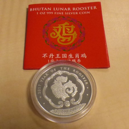 Bhutan 200 Nu 2017 Year of the Rooster silver 99.9% 1 oz+CoA