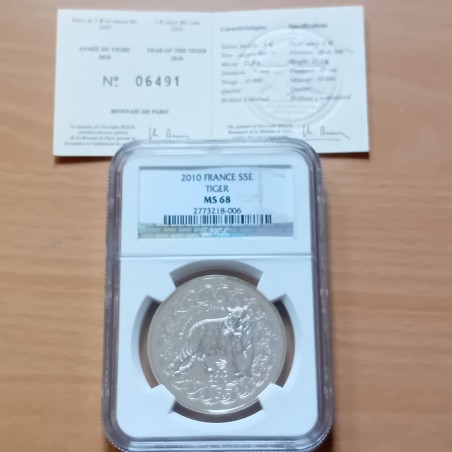 France 5 euros 2010 Lunar Year of the Tiger MS68 silver 90% 22.2g +CoA