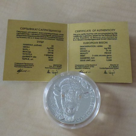 Belarus 20 Rubles 2012 Bison PROOF silver 99.9% 1 oz with 2 zircons
