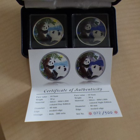 2 * China 10 yuan Panda 2021 colored Night & Day silver 99.9% 30 g+Box+CoA