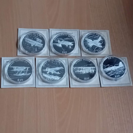 Lot of 7 coins Liberia 20$ 2000 PLANES PROOF silver 99.9% 7*20g + 7 CoAs