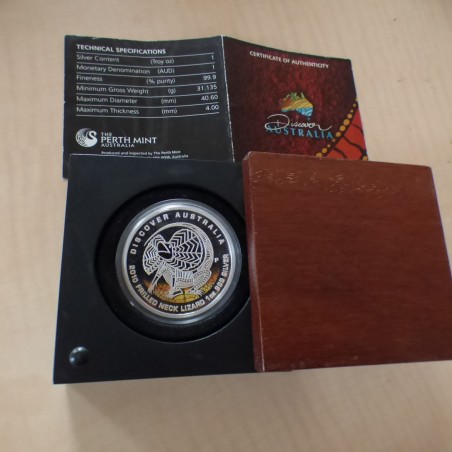 Australie 1$ 2010 LEZARD Discover Australia PROOF colorée argent 99.9% 1oz+CoA+Boite