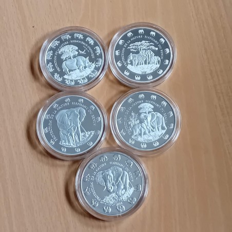 Lot de 5 pièces Benin 1000 CFA Elephant ou Rhino Prooflike argent 99.9% 5*1 oz