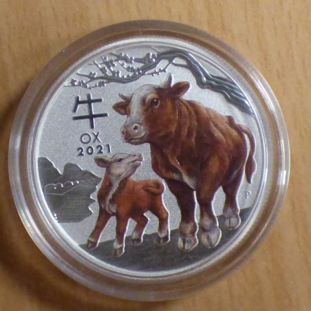 Australie 50 cents Lunar III Année du Boeuf 2021 coloré en argent 99.9% 1/2 oz