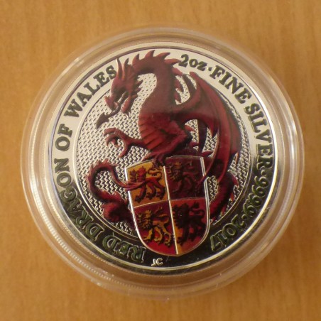 UK 5£ 2017 Queen's Beast Red Dragon colored silver 99.9% 2 oz in capsule