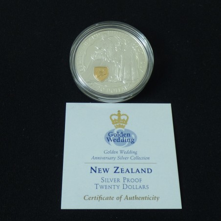 Nouvelle Zelande 20$ 1997 "Noces d'Or" PROOF en argent 92.5% (28.3 g) avec camée doré