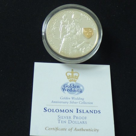 Iles Salomon 10$ 1997 "Noces d'Or" PROOF en argent 92.5% (28.3 g) avec camée doré
