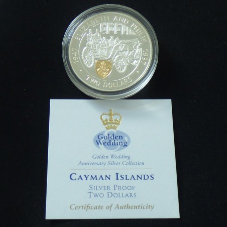 Iles Caiman 2$ 1997 "Noces d'Or" PROOF en argent 92.5% (28.3 g) avec camée doré