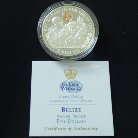 Belize 5$ 1997 "Noces d'Or" PROOF en argent 92.5% (28.3 g) avec camée doré