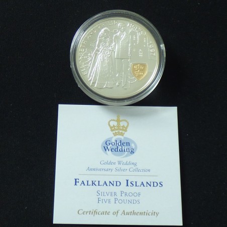 Iles Falkland 5$ 1997 "Noces d'Or" PROOF en argent 92.5% (28.3 g) avec camée doré